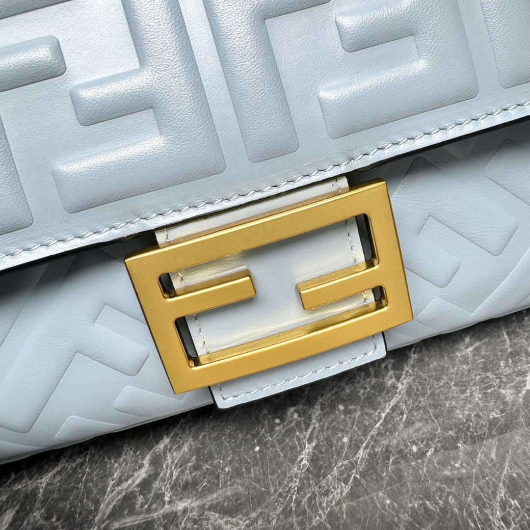 Fendi Medium Baguette Nappa Leather with FF Motif Shoulder Bag Light Blue